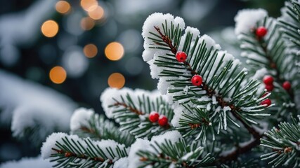 A Detailed View of Lush Pine Branches Delicately Covered in Artificial Snow, Creating a Magical Winter Atmosphere Perfect for Holiday Decorations