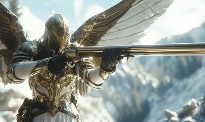 Fototapeta premium A golden angel aiming a gun.