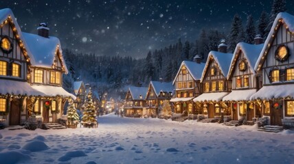 Magic Christmas market with handmade gingverbread houses and trees. Night sky with stars and huge moon on background.