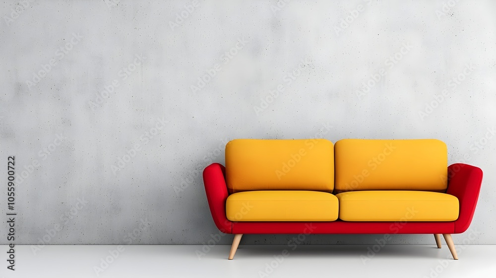 Poster Minimalist and Luminous Living Room Design with Plush Sectional Sofa in Bold Color Smooth Concrete Feature Wall and Wide Landscape Perspective