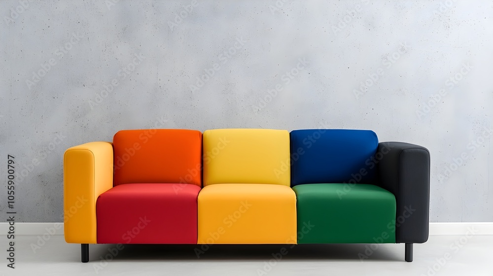 Aufkleber minimalist and modern living room design featuring a vibrant multicolored sofa set against a clean c