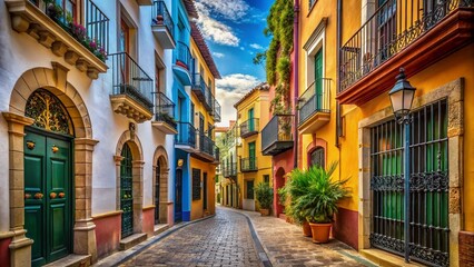 Obraz premium Narrow Streets of Arenys de Mar: Colorful Facades and Balconies in Catalonia, Spain
