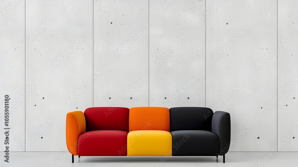 Aufkleber Spacious minimalist lounge with a plain concrete backdrop featuring a vibrant multicolored sofa as the centerpiece and a wide unobstructed view  The sparse furnishings and bright