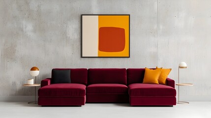 Sophisticated and inviting contemporary living room design featuring a sumptuous jewel toned velvet sectional sofa minimalist furnishings and abstract artwork against a gritty concrete wall