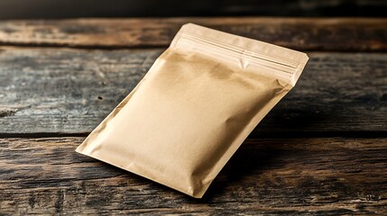 Brown paper packaging mockup with blank label, lying flat on a rustic wooden surface