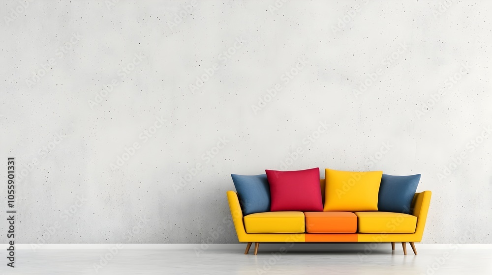 Aufkleber spacious minimalist lounge with vibrant multicolored sofa as centerpiece plain concrete backdrop and