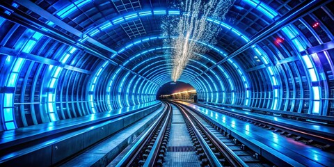 Neon Blue Illuminated Underground Transport Network Tunnels for Dynamic Urban Photography