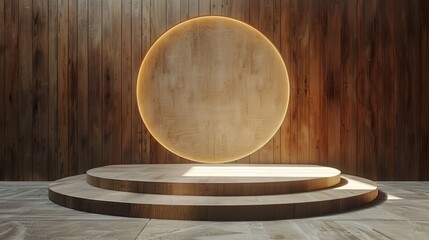 Obraz premium Modern wooden stage with a glowing circular backdrop, perfect for presentations, exhibitions, or artistic displays.