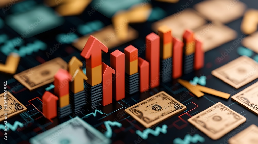 Aufkleber Captivating 3D Visualization of Financial Markets Featuring Complex Graphs Key Economic Indicators and Investment Data Presented in a Vibrant High Contrast Color Palette with a Sleek Modern Aesthetic