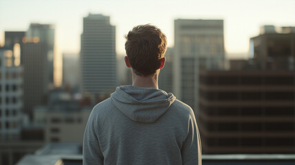 Fototapeta premium Parkour Enthusiast on Rooftop Overlooking Cityscape
