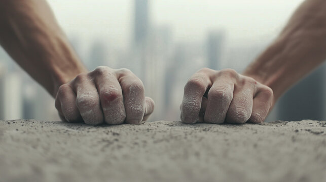 Athlete Gripping Ledge in Intense Action Moment