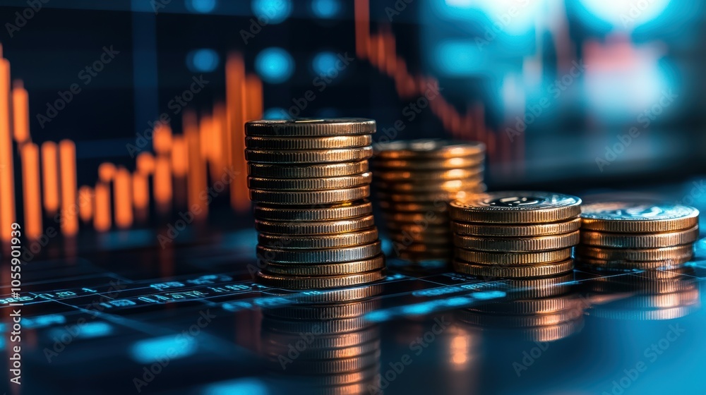 Poster exploring the future of cryptocurrency analyzing digital coins through stock graph trends and blockc