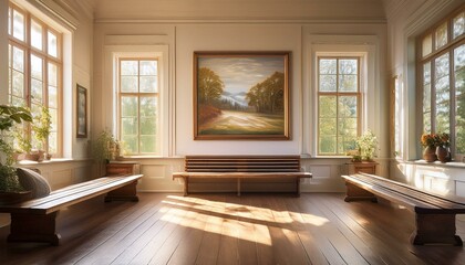 Fototapeta premium Sunlit room with vintage decor, large windows, and wooden benches, featuring a painting on the wall.