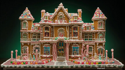 Gingerbread mansion with candy cane pillars, intricate icing, gumdrops on the roof, and "stained glass" sugar windows. Set against a dark green background, the colors pop, creating a festive, elegant 