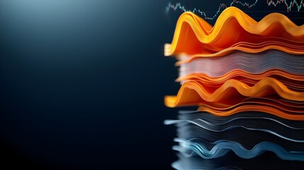 Sophisticated 3D data visualization showcasing a dynamic multi layered graph that displays real time performance investment trends and key economic indicators  Utilizing a bold