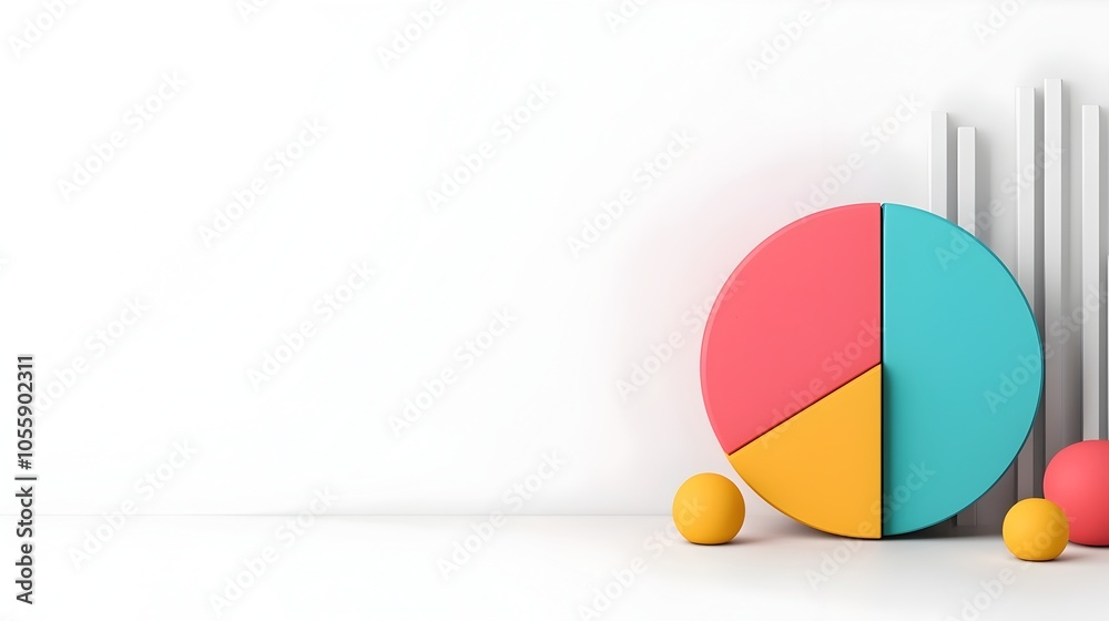 Fototapete Vibrant 3D data visualization displays featuring colorful and geometric pie charts line graphs and other infographic elements against a clean minimalist white backdrop with crisp shadows