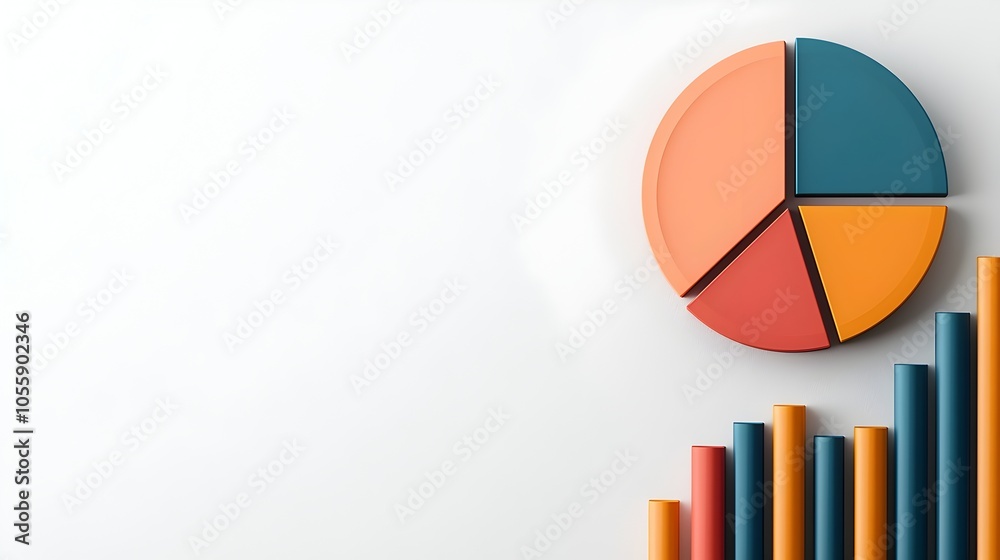 Fototapete Vibrant 3D data visualization displays featuring colorful and geometric pie charts line graphs and other data visualization elements on a clean minimalist white backdrop with crisp shadows