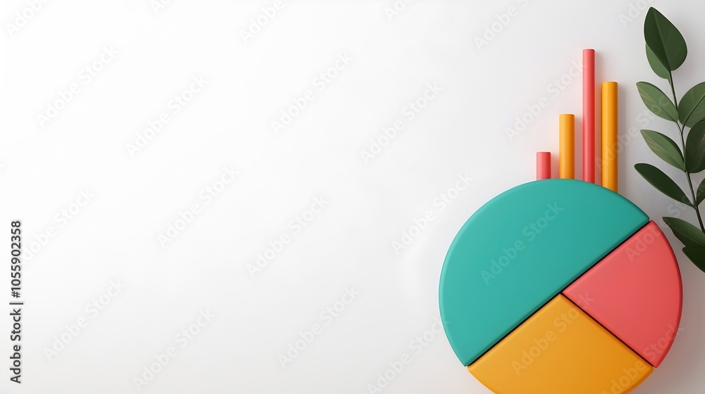Poster Vibrant 3D data visualization displays featuring colorful and geometric pie charts line graphs and other minimalist information design elements on a crisp white backdrop with subtle shadows