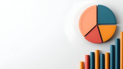 Vibrant 3D data visualization displays featuring colorful and geometric pie charts line graphs and other data visualization elements on a clean minimalist white backdrop with crisp shadows