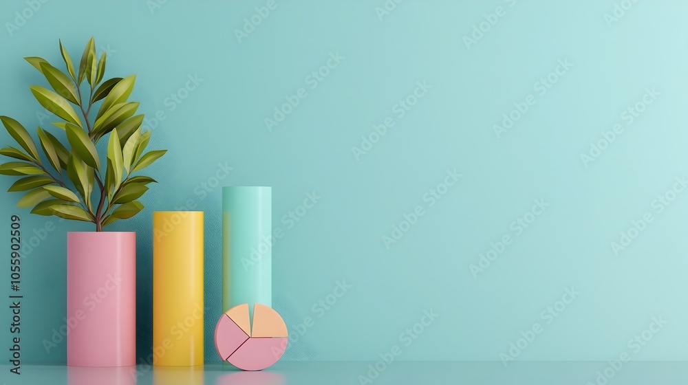 Poster Whimsical pastel colored 3D bar charts pie graphs and line plots creating an engaging data presentation with shadowy depth  Precisely crafted infographic components on a sleek office desk backdrop