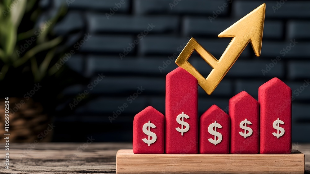 Poster visualizing financial growth with 3d money chart and rising gold arrow this conceptual image depicts
