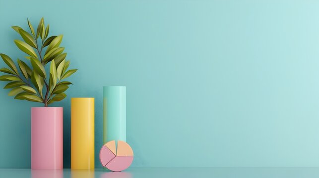 Whimsical pastel colored 3D bar charts pie graphs and line plots creating an engaging data presentation with shadowy depth  Precisely crafted infographic components on a sleek office desk backdrop