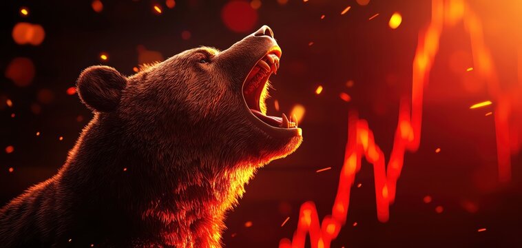 A roaring bear against a fiery background with upward trending graph.