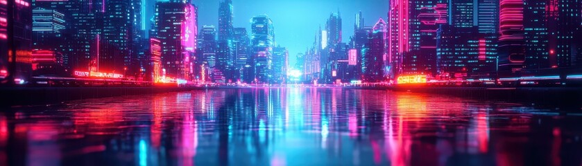 Obraz premium Neon city skyline reflecting in water.