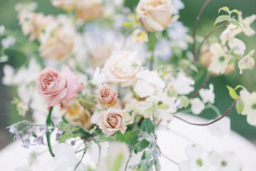 A close-up view of delicate pink flowers in full bloom, capturing the softness and beauty of springtime in a garden.