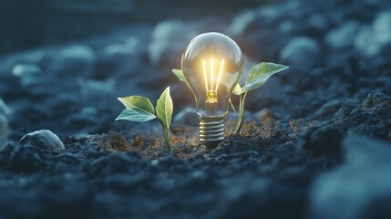 Lightbulb sprouting from the ground like a plant, symbolizing growth through innovation, growth, creativity in business development.