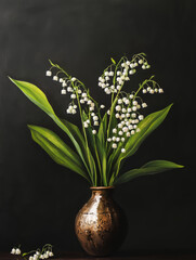 Vintage impasto oil painting with a black background. It should not have a realistic feel. Lily of the valley, oil painting, dark background, vintage, white flowers, still life, 