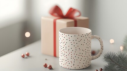 Custom-printed mug, festive gift packaging, 3D illustration.
