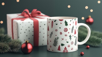 Custom-printed mug, festive gift packaging, 3D illustration.
