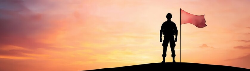 Veterans Day watercolor with American flag concept. A silhouette of a soldier stands on a hilltop holding a flag against a vibrant sunset sky symbolizing sacrifice and patriotism
