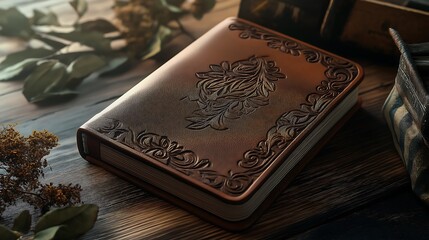 Personalized notebook with engraved cover, gift-ready presentation, 3D illustration.