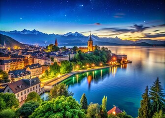 Fototapeta premium Night Photography of Lausanne, Switzerland: Lake Embankment and City Panorama in Summer Aerial View