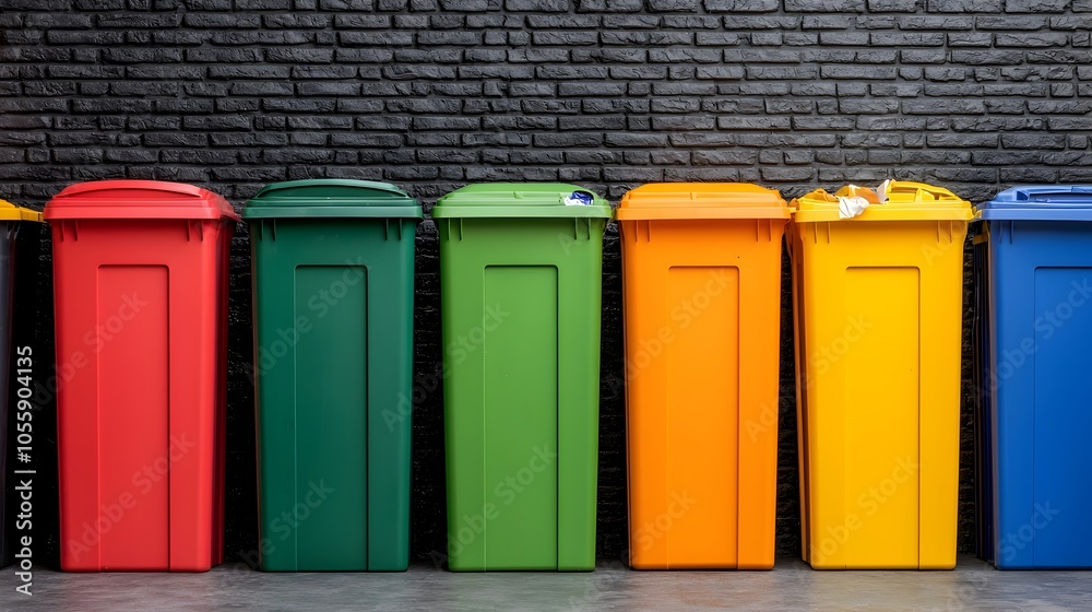 Poster top down wide angle view of various colorful trash bins lined up in an urban alley showcasing an org