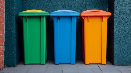 Vibrant trash bins placed in a narrow city alley viewed from an elevated perspective highlighting the importance of urban waste management and recycling efforts