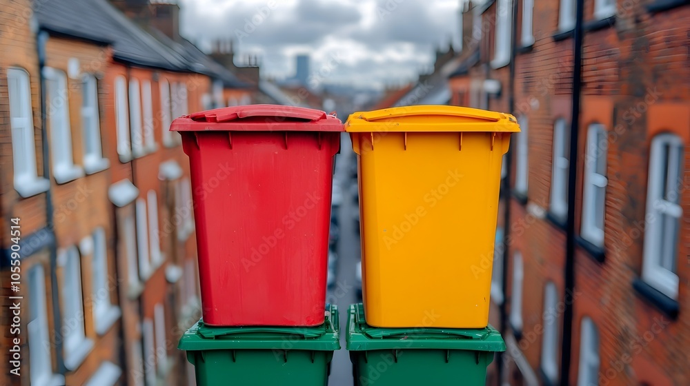 Poster colorful waste bins and recycling receptacles arranged in a neat pattern in a city alley viewed from