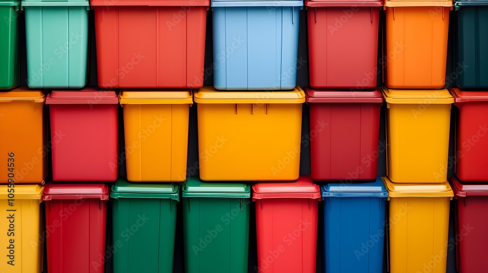 Aufkleber Top down view of an urban alley lined with neatly organized and color coded waste disposal bins emphasizing the importance of effective waste segregation and management for a cleaner