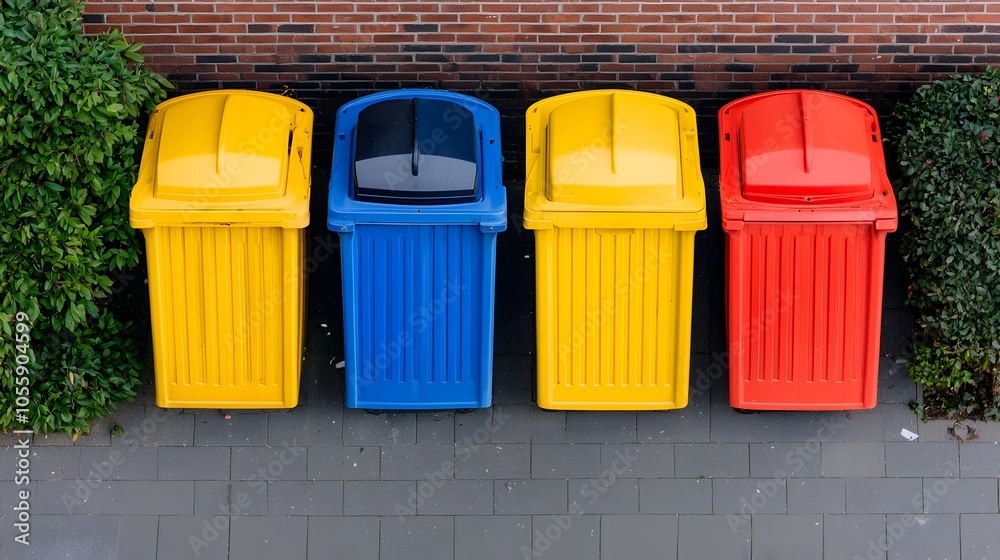 Poster overhead wide angle view of a city alley filled with colorful trash bins highlighting the concept of