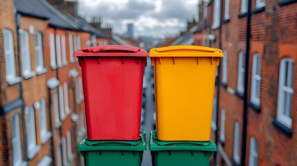 Obraz premium Colorful waste bins and recycling receptacles arranged in a neat pattern in a city alley viewed from an overhead perspective