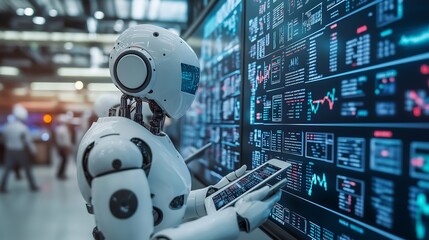 Fototapeta premium Robotic traders using tablet computers in a futuristic stock market environment.