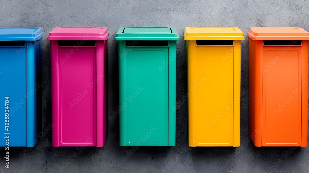 Poster aerial perspective showcasing a vibrant array of colorful trash bins situated in an urban alley high
