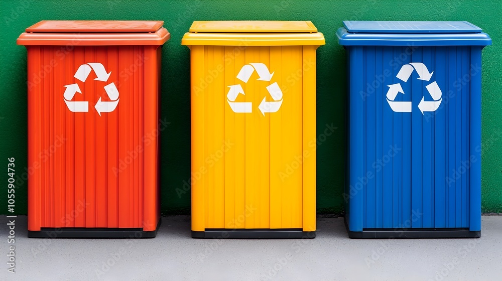 Poster aerial perspective showcasing a vibrant array of multi colored recycling bins lining an urban alleyw