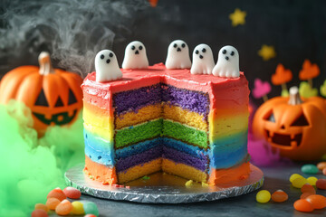 Obraz premium A Colorful Rainbow Cake With Spooky Ghosts and Halloween Decorations for Festive Celebrations