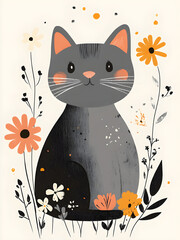 Adorable Gray Cat with Blush Cheeks and Flowers Illustration