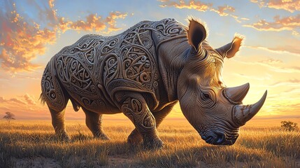 Fototapeta premium Ornate rhinoceros in sunset grassland