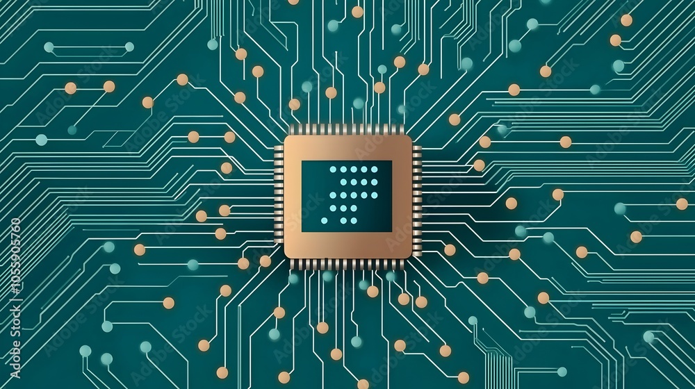 Poster Futuristic of a digital circuit board with connected circuits and dots on a blue gradient background highlighting the advanced technology and innovation of intelligence