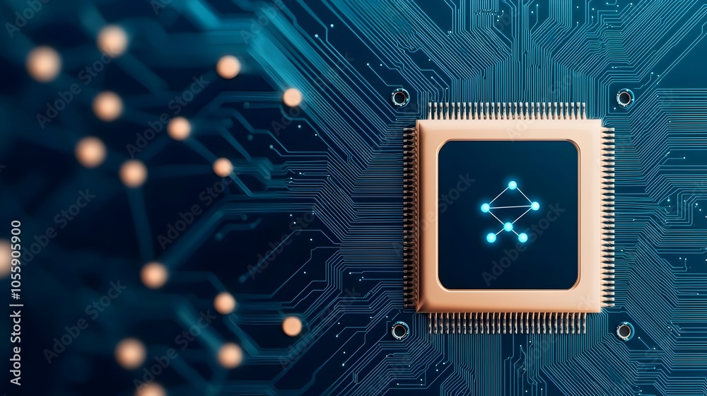 Poster Futuristic abstract digital background with a motherboard inspired circuit board design featuring blue gradient tones and connected dots representing intelligence and technological innovation
